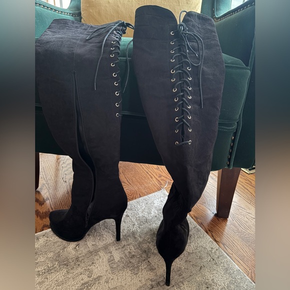 EUC - Two Lips Black Faux Suede Lace-Up Over-the-Knee Boots - No Call Outs - Picture 2 of 16